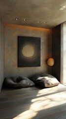 Leinwandbilder - Minimalist Interior with Pillows and Abstract Art in Warm Tones, Low Angle, Natural Light, Modern Design, Home Decor