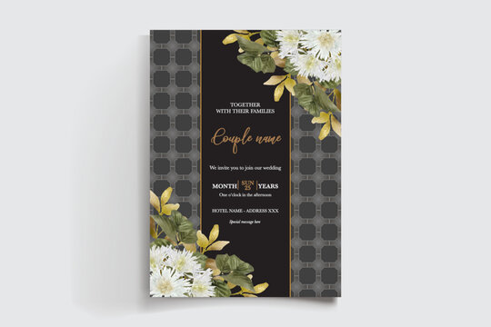 WEDDING INVITATION FRAME WITH FLOWER DECORATIONS AND FRESH LEAVES
