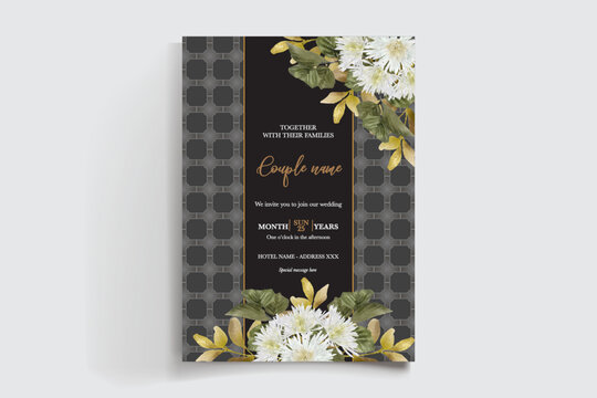 WEDDING INVITATION FRAME WITH FLOWER DECORATIONS AND FRESH LEAVES