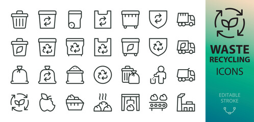 Aufkleber - Waste recycling line icons set. Set of trash bin, garbage container and truck, waste processing plant, dumpster vector icon with editable stroke