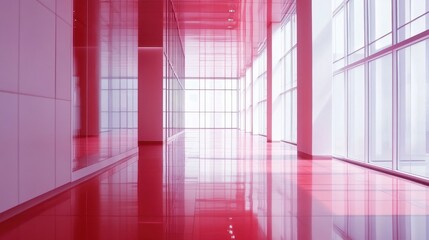 Poster - A striking contemporary interior featuring glossy red walls and expansive windows. The space exudes modern elegance with clean lines and a minimal aesthetic.