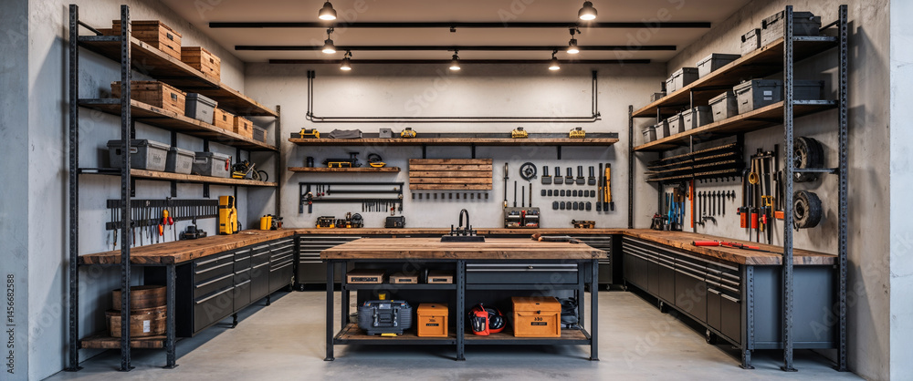 Professional workshop interior design with organized tools and ...