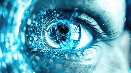 Poster - Explore a captivating futuristic visual of an eye, illuminated by bright light and digital elements. Perfect for themes of technology and perception.