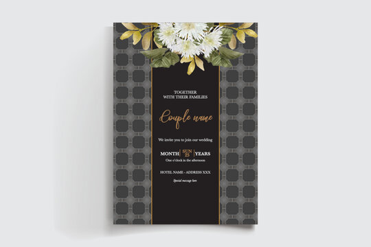 WEDDING INVITATION FRAME WITH FLOWER DECORATIONS AND FRESH LEAVES