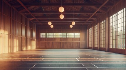Poster - Empty choreographic space with suspended lighting and modern acoustic treatment on walls