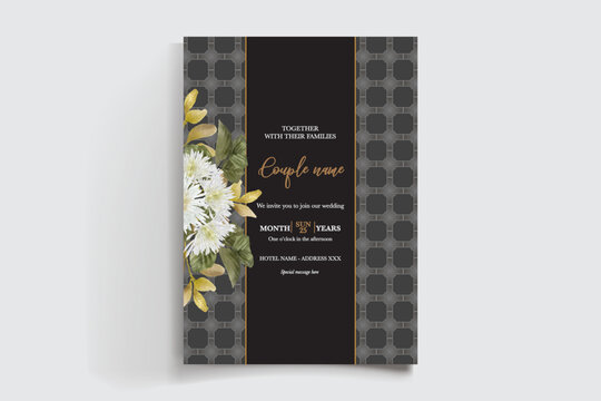 WEDDING INVITATION FRAME WITH FLOWER DECORATIONS AND FRESH LEAVES