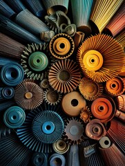 Fototapete - Radial Abstract Composition of Diverse Implant Parts Featuring Distinct Colors and Shapes Arranged Harmoniously at the Center Generative AI