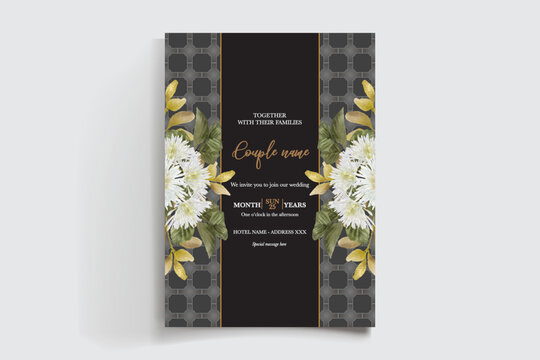 WEDDING INVITATION FRAME WITH FLOWER DECORATIONS AND FRESH LEAVES