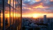 © Chirayu stock - City skyline at sunset with warm light casting soft shadows on tall buildings, gentle cloud gradient from orange to purple, glowing windows, peaceful urban evening ambiance