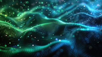 Poster - Explore this abstract holographic wave background featuring luminous dots in green and blue against a black backdrop, ideal for tech and design projects.