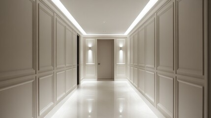Poster - Sleek hallway with modern recessed lighting and matte-finished wall paneling