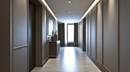 Poster - Sleek hallway with modern recessed lighting and matte-finished wall paneling