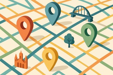 Poster - Exploring a Colorful Map With Various Locations Marked by Vibrant Pins and a Distant Bridge Generative AI
