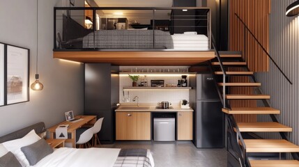 Poster - Small studio with smart storage solutions, foldable desk, and hanging lights