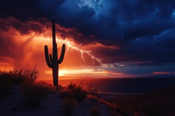 Wall Mural - Silhouetted saguaro cactus against a dramatic sunset with lightning illuminating the fiery sky over the ocean.