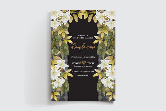 WEDDING INVITATION FRAME WITH FLOWER DECORATIONS AND FRESH LEAVES