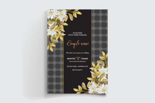 WEDDING INVITATION FRAME WITH FLOWER DECORATIONS AND FRESH LEAVES