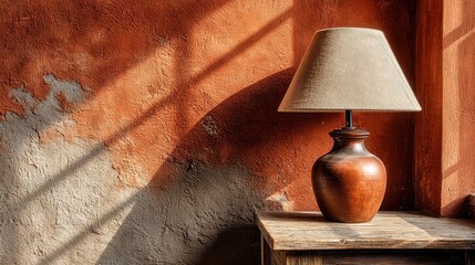 Poster - Muted greige wall adorned with a warm copper-toned lamp casting soft shadows, creating a serene ambiance perfect for modern interiors or minimalist decor.