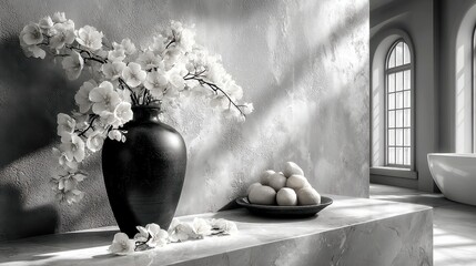 Poster - Afternoon Shadows on Revere Pewter Wall, warm sunlight creating elongated shadows on a soft gray wall, enhancing the tranquil ambiance of the serene interior space