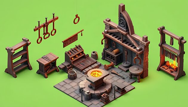 Isometric Blacksmith Forge Setup with Stone Anvil and Metal Tools Isolated by Green Screen for VFX and Game Assets