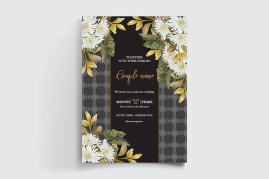WEDDING INVITATION FRAME WITH FLOWER DECORATIONS AND FRESH LEAVES