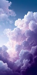 Wall Mural - a sky filled with white clouds, featuring purple and blue hues, in a cartoon-like style, with a