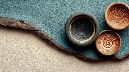 Poster - Ceramic Elegance with Textured Rug, a serene setting featuring a skimming stone backdrop, low-key ceramic art, and an inviting textured rug edge for a tranquil atmosphere