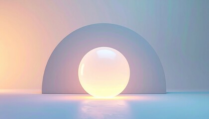 Poster - Artistic light sphere and arch installation contemporary studio 3d render minimalist environment side view visual concept