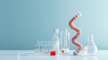 Poster - Colorful DNA helix surrounded by laboratory glassware on a light blue background.
