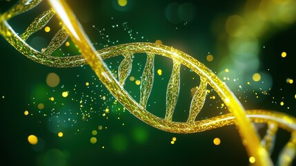Poster - A stunning illustration of a golden DNA double helix against a shimmering green backdrop.