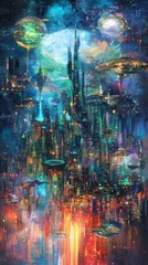 Poster - Futuristic cityscape at night with flying vehicles and glowing orbs digital artwork illustration