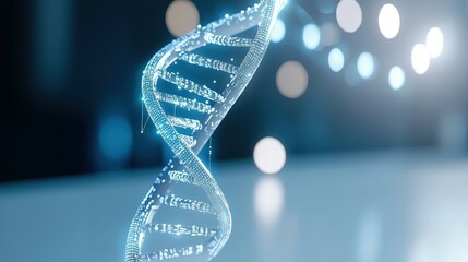 Poster - Illuminated DNA helix with glowing blue lights on a soft bokeh background.