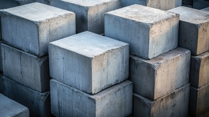 Poster - Stack of Gray Concrete Blocks in Construction Site Setting Close Up Angle Industrial Material
