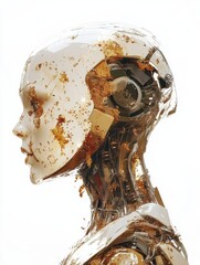 Poster - Futuristic android portrait with visible internal mechanics and weathered exterior design