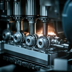 Poster - Close-up of metal gears in industrial machine with sparks flying in dark factory setting machinery operation