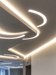 Poster - Modern Office Ceiling with Curved LED Lighting Fixtures and Gray Walls from Below Eye Level