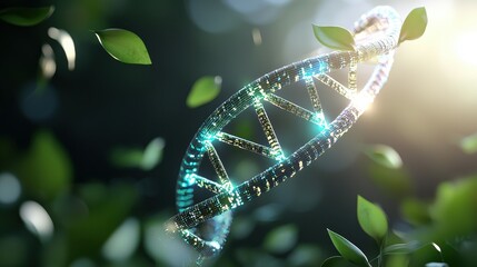 Poster - Illuminated DNA helix surrounded by green leaves, symbolizing life and nature.
