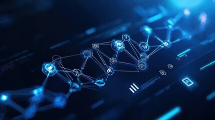 Poster - Futuristic digital network graphic with glowing blue interconnected nodes.