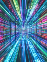 Poster - Abstract Light Speed Tunnel Perspective with Vibrant Colors and Geometric Lines for Futuristic Technology Backgrounds
