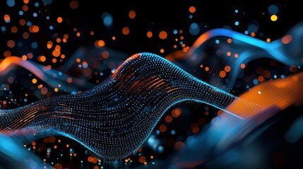 Poster - Colorful abstract digital waves with blue and orange lights on a dark background.