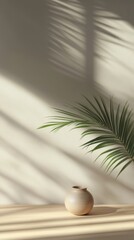 Poster - Minimalist Still Life with Palm Leaf Shadow on Wall and Vase on Table in Studio Setting
