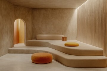 Poster - Minimalist Interior Design with Earth Tones and Unique Architectural Features in a Modern Home Studio Shot