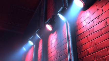 Poster - Row of Spotlights Illuminating Red Brick Wall with Blue and Red Light Beams Low Angle Shot