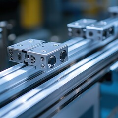 Poster - Close up of linear motion system with stages and aluminum extrusion rail in a factory setting industrial automation precision engineering