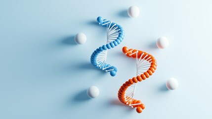 Poster - Colorful DNA helixes in blue and orange with white spheres on a soft blue background.