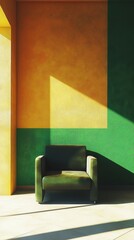 Aufkleber - Minimalist green armchair in colorful room with sunlight geometric shadows interior design concept