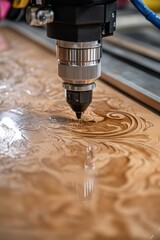 Poster - Laser Engraver Machine Carving Intricate Design into Wood Panel Close Up Detailed View Precision Craftsmanship Modern Technology