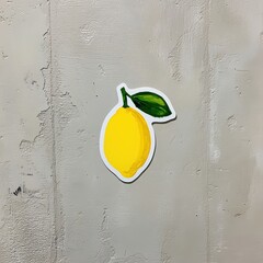 Poster - Isolated lemon sticker on textured gray wall close up bright yellow fruit with green leaf simple graphic style