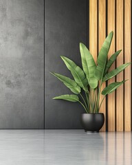 Poster - Interior design featuring a potted plant against a modern wall with concrete texture and wood paneling studio shot