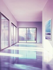 Poster - Modern minimalist hallway interior with sunlight streaming through windows, painting on wall, clean lines, serene atmosphere, contemporary design